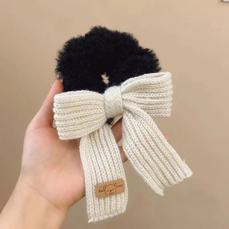 Autumn and Winter Gentle Knitted Wool Bow Hair Rope Girl's Sweet and Versatile Large Hair Ring Head Rope Hair Rubber Band