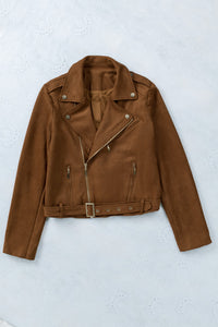 Brown Vegan Suede Zip Detail Moto Jacket