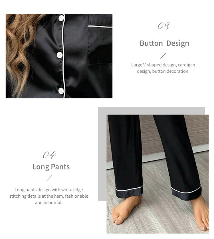 Women's Pajamas Sets Autumn Short Sleeve Buttons Top & Pants Sleepwear 2 Piece Button-Down Pj Set Homewear Satin Loungewear