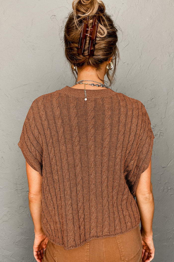 Chestnut Crew Neck Cable Knit Short Sleeve Sweater