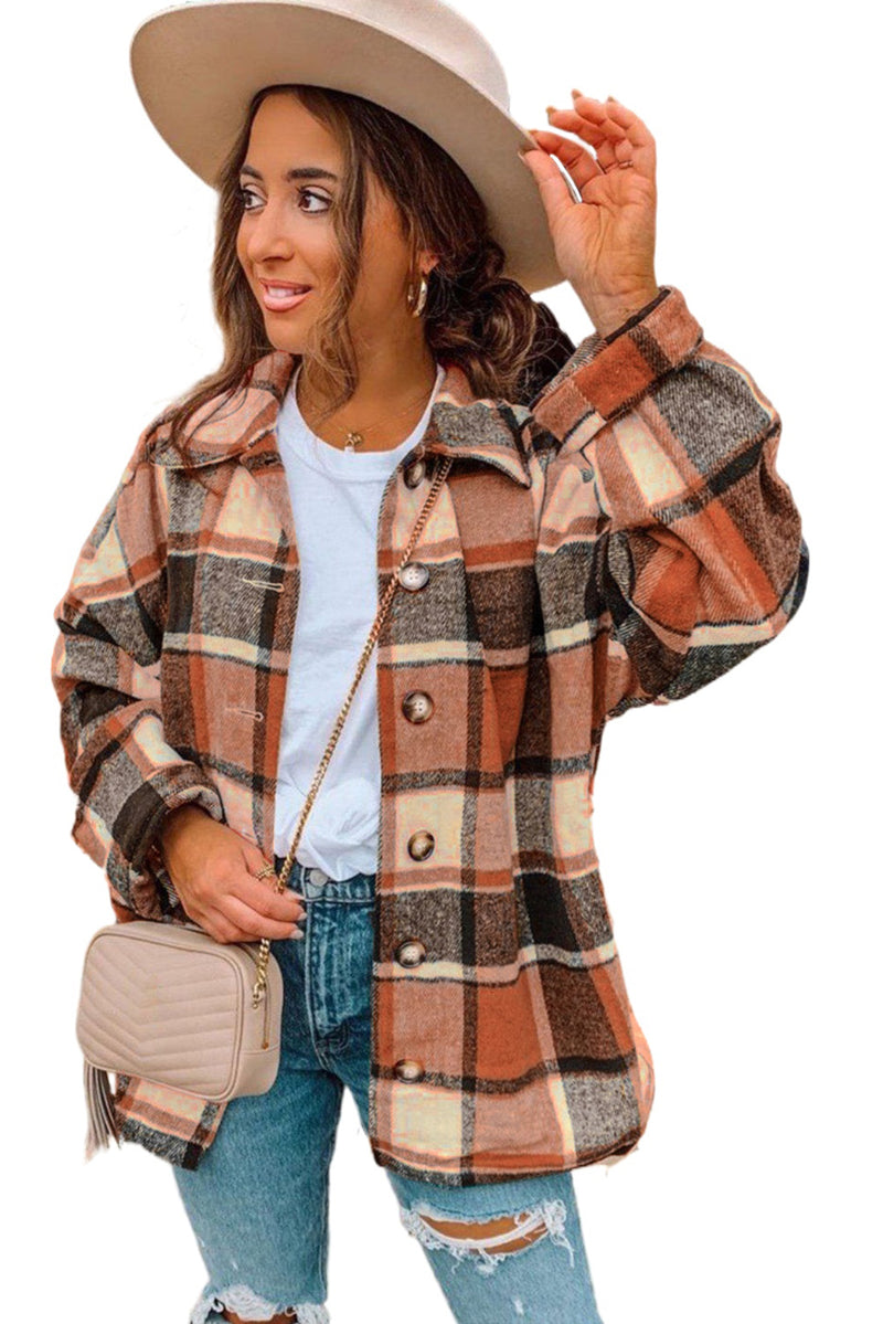 Orange Plaid Print Buttoned Shirt Jacket