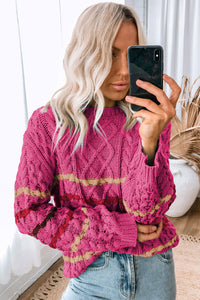 Rose Striped Color Block Textured Knit Pullover Sweater