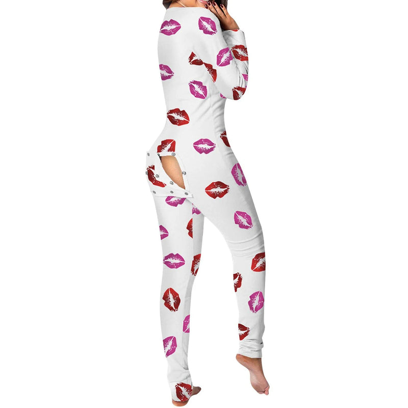 Women Buttoned Flap Jumpsuits Sleepwear Cow Printed Long Sleeve V Neck Bodycon Romper Spring Fall Loungewear