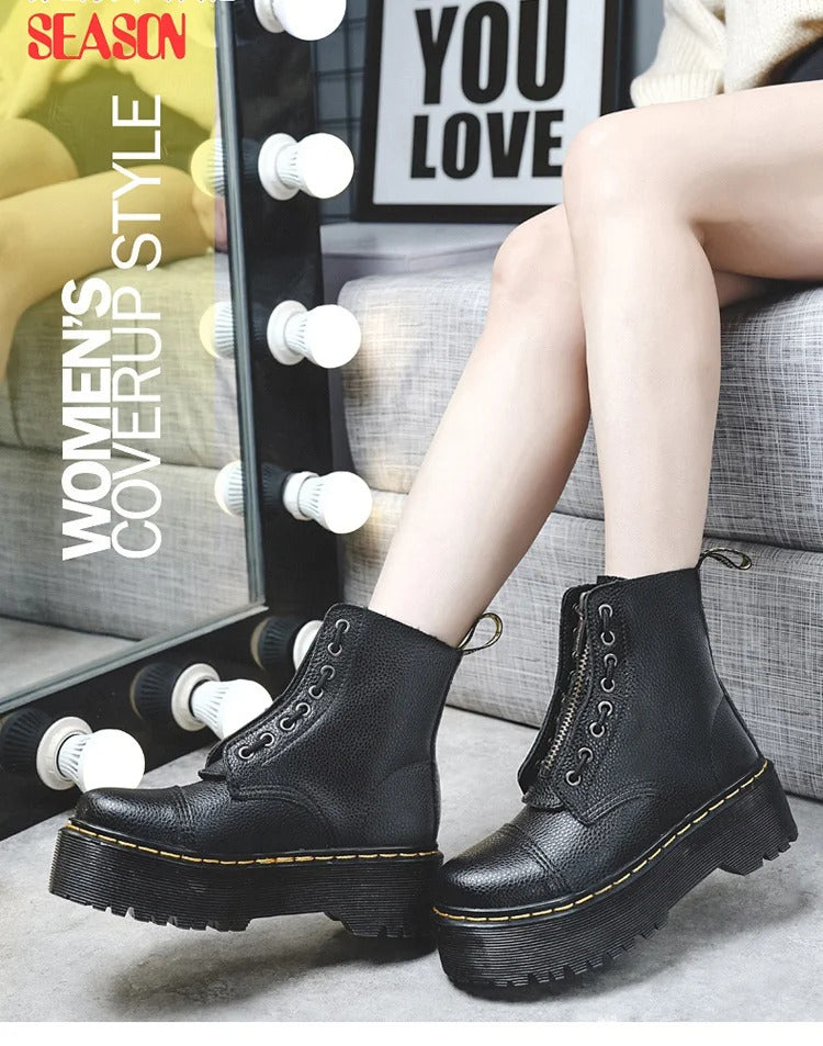 Women Boots Genuine Leather Platform Boots Motorcycle Shoes Front Zipper Optical Soles Fashion Sexy Punk Men Winter Boots 35-46