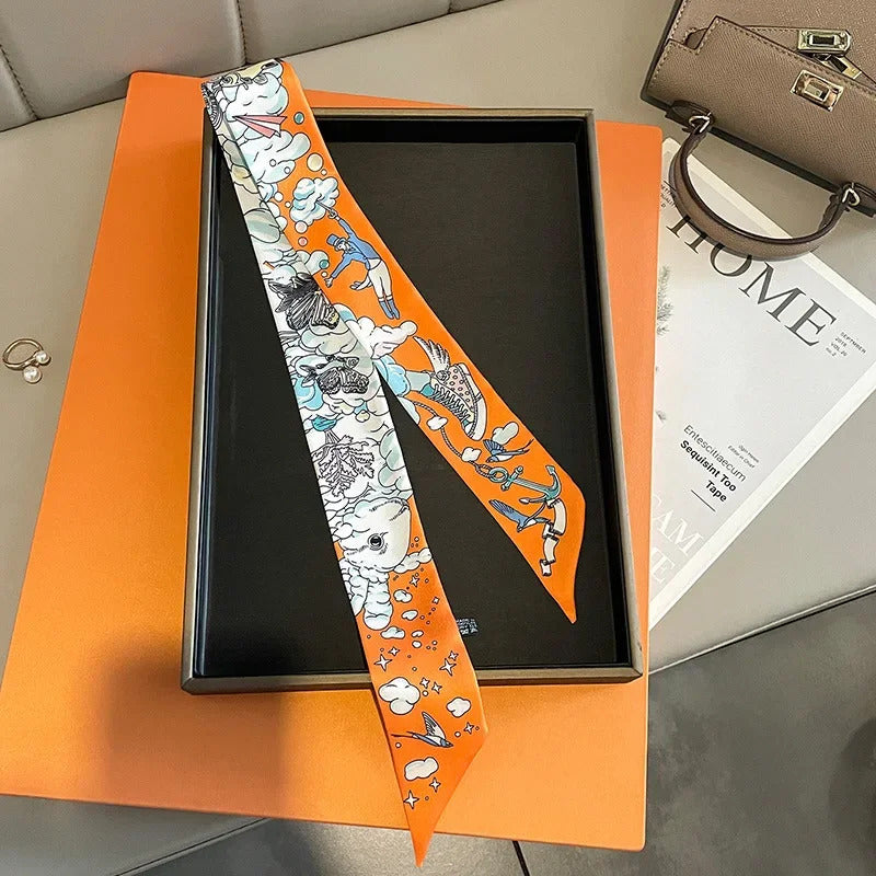 Luxury Design Horse Print Skinny Silk Ribbon Scarf Women5x85cm Hairband Soft Satin Female Foulard Floral Headband Bag Neck Ties