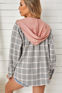 Khaki Drawstring Plaid Hooded Shacket