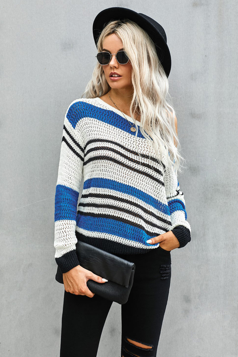 Gray Loose Fit Striped Pattern Sweater