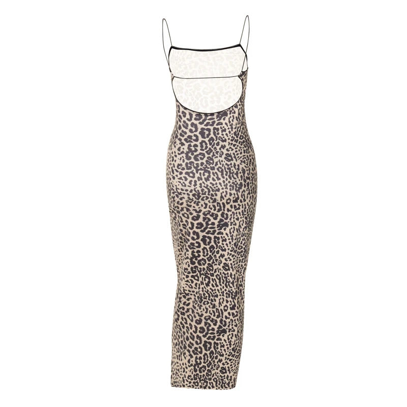 Hugcitar 2024 Fashion Leopard Print Slips Backless Sexy Bodycon Maxi Dress Summer Women Casual Clothes Beach Party Vacation Club