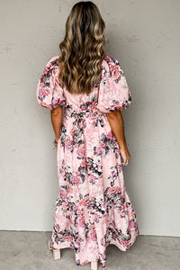 Women's Floral Puff Sleeve High Waist Maxi Dress