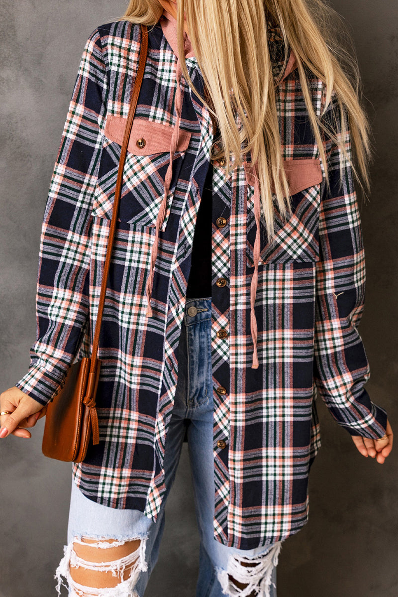 Bluing Contrast Hooded Drawstring Plaid Shacket