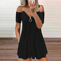 2023 Summer New Fashion Short Sleeve Solid Color Metal Zipper V Neck Casual Loose Mini Dress Loose Plus Size