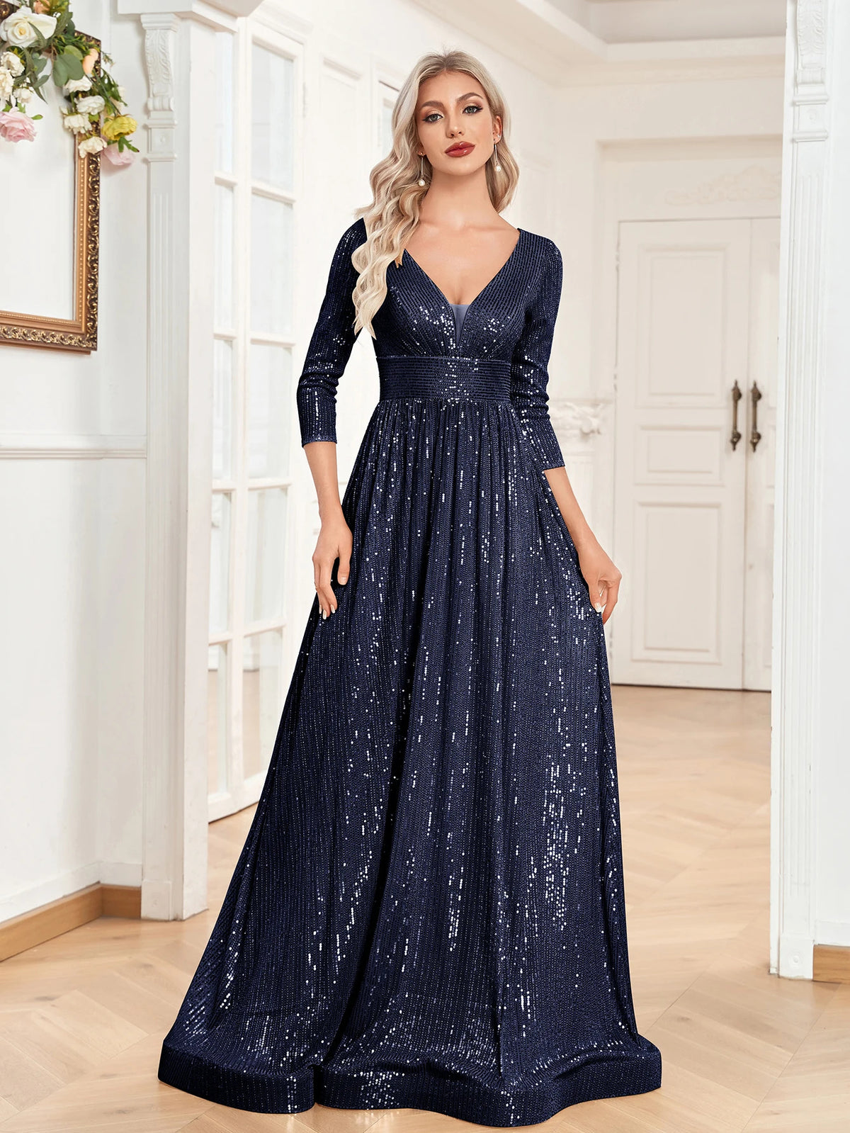 Lucyinlove Luxury V Neck Long Sleeves Blue Sequins Formal Evening Dress Women 2024 Wedding Party Prom Maxi Cocktail Dress Gowns