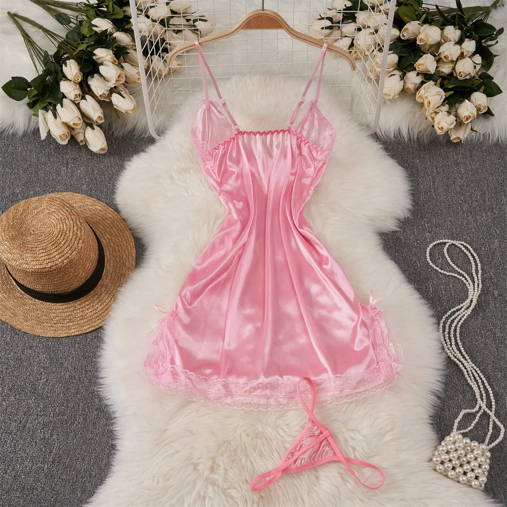 Deep V-neck Slim Fit High Waist Strap Dress Lace Patchwork Satin Sleepwear Sexy Elegant Retro Sleepdress Sleepwear Women Pajama