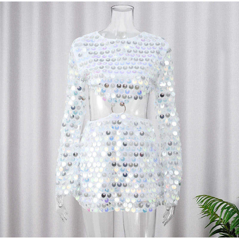 Women Fashion Glitter Sequins Hollow Out Mini Dress Elegant Round Neck Long Sleeves Short Dresses 2024 Female Chic Party Outfit