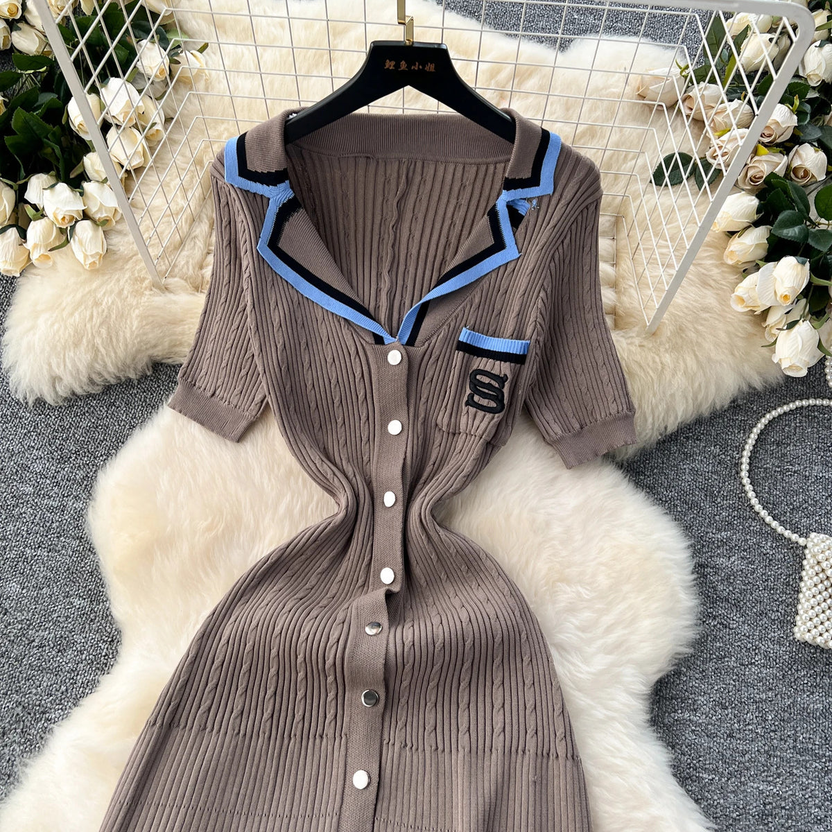 Elegant Turn-down Collar embroidery Single Breasted Knit Bodycon Dress Slim Fashion Sweater Vestido Sexy Women Winter Clothing