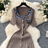 Elegant Turn-down Collar embroidery Single Breasted Knit Bodycon Dress Slim Fashion Sweater Vestido Sexy Women Winter Clothing