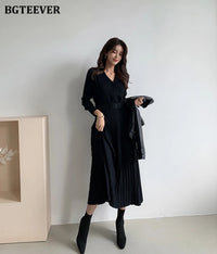 BGTEEVER Elegant V-neck Single-breasted Women Thicken Sweater Dress 2021 Autumn Winter Knitted Belted Female A-line soft dresses