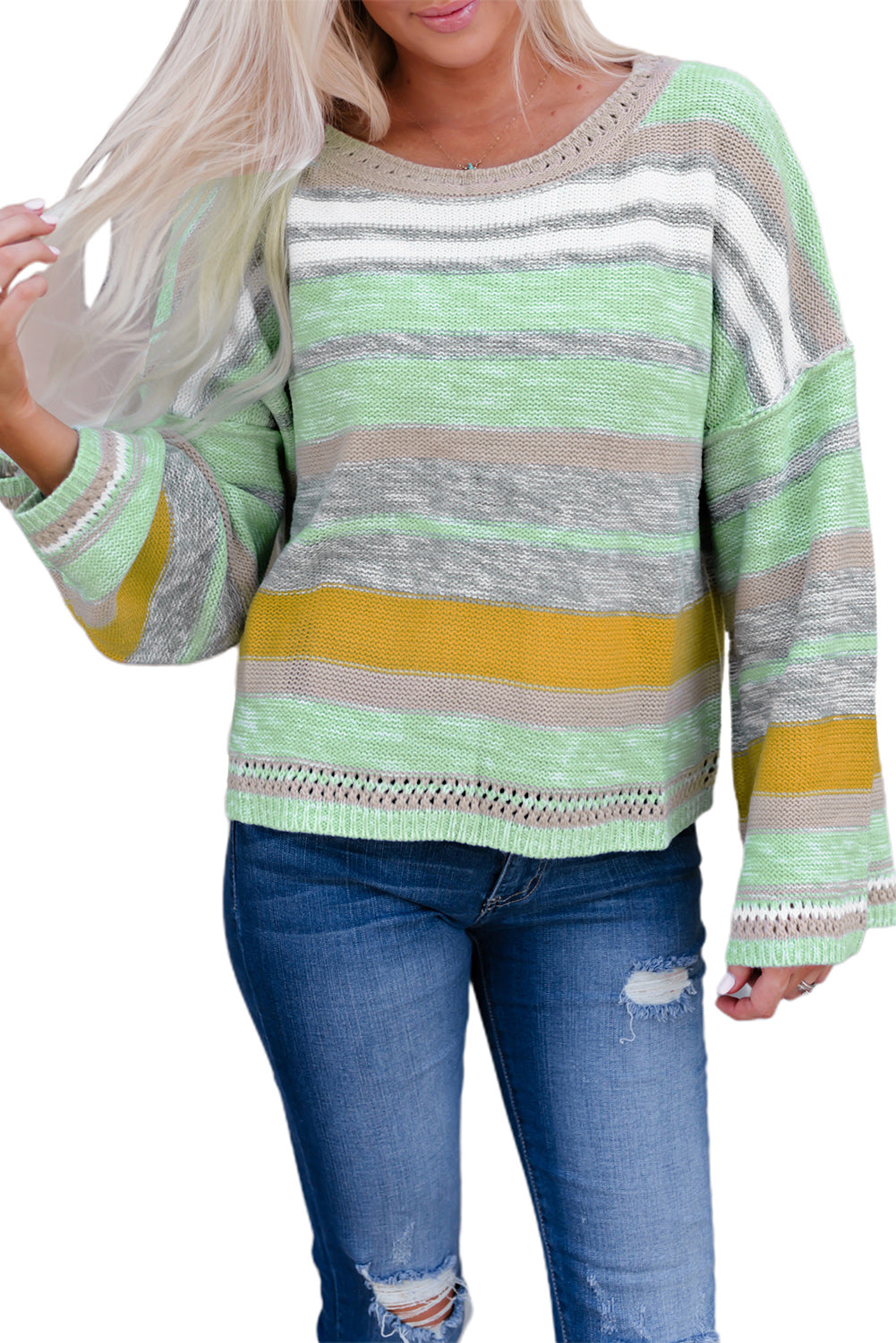 Green Striped Bell Sleeves Loose Sweater