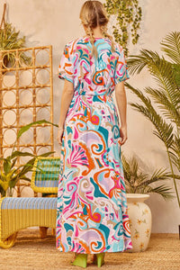 Women's Abstract Printed Wrap V Neck Belted Maxi Dress