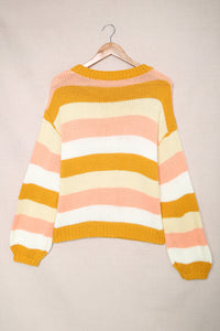 Yellow Striped Puff Sleeve Knitted Pullover Sweater