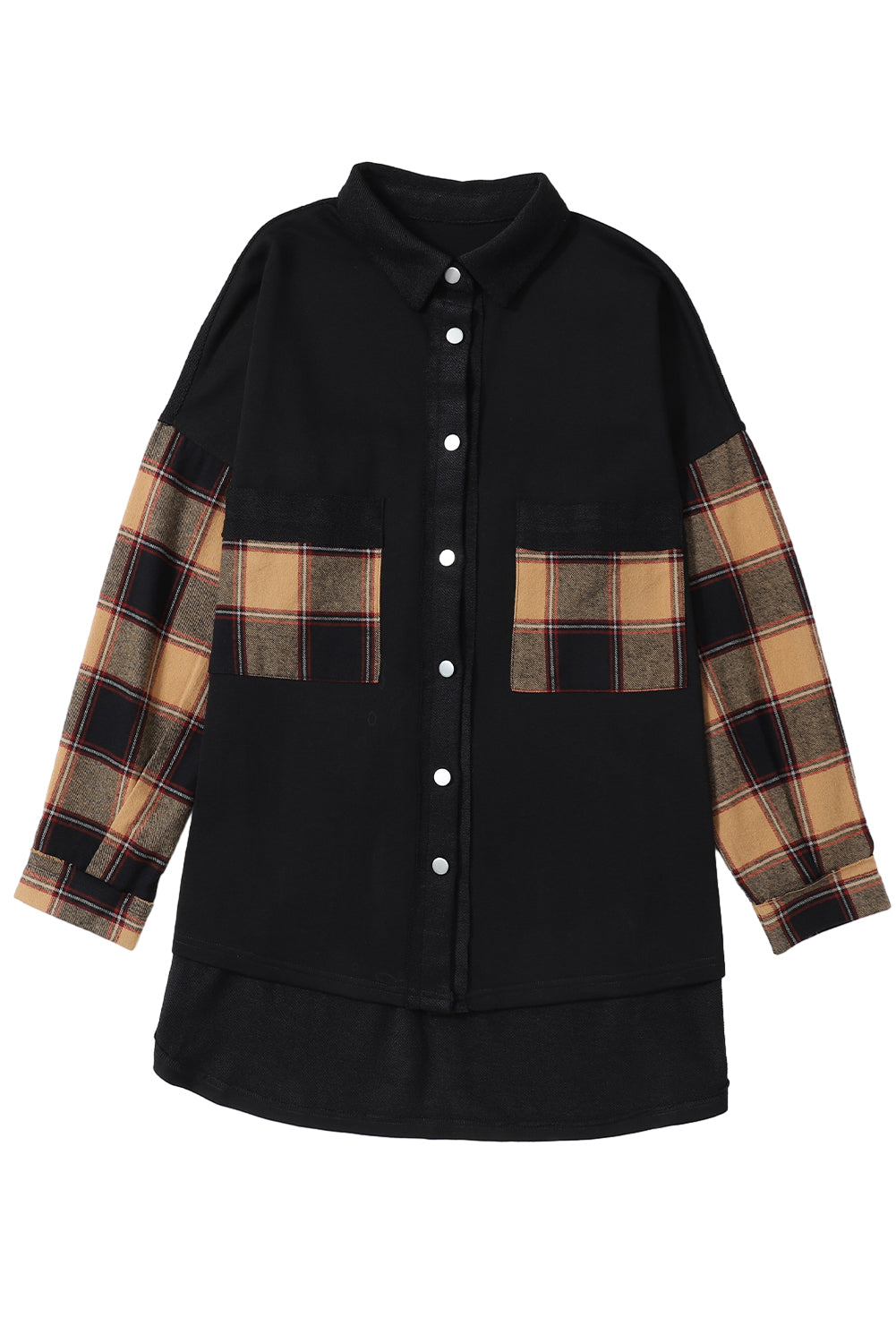 Black Plaid Patchwork Chest Pockets Oversized Shirt Jacket