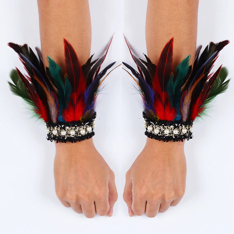 Gothic Rooster Feather Wrist Cuffs Natural Dyed Feather Arm Warmers Halloween Cosplay Party Rave Stage Performance Accessories