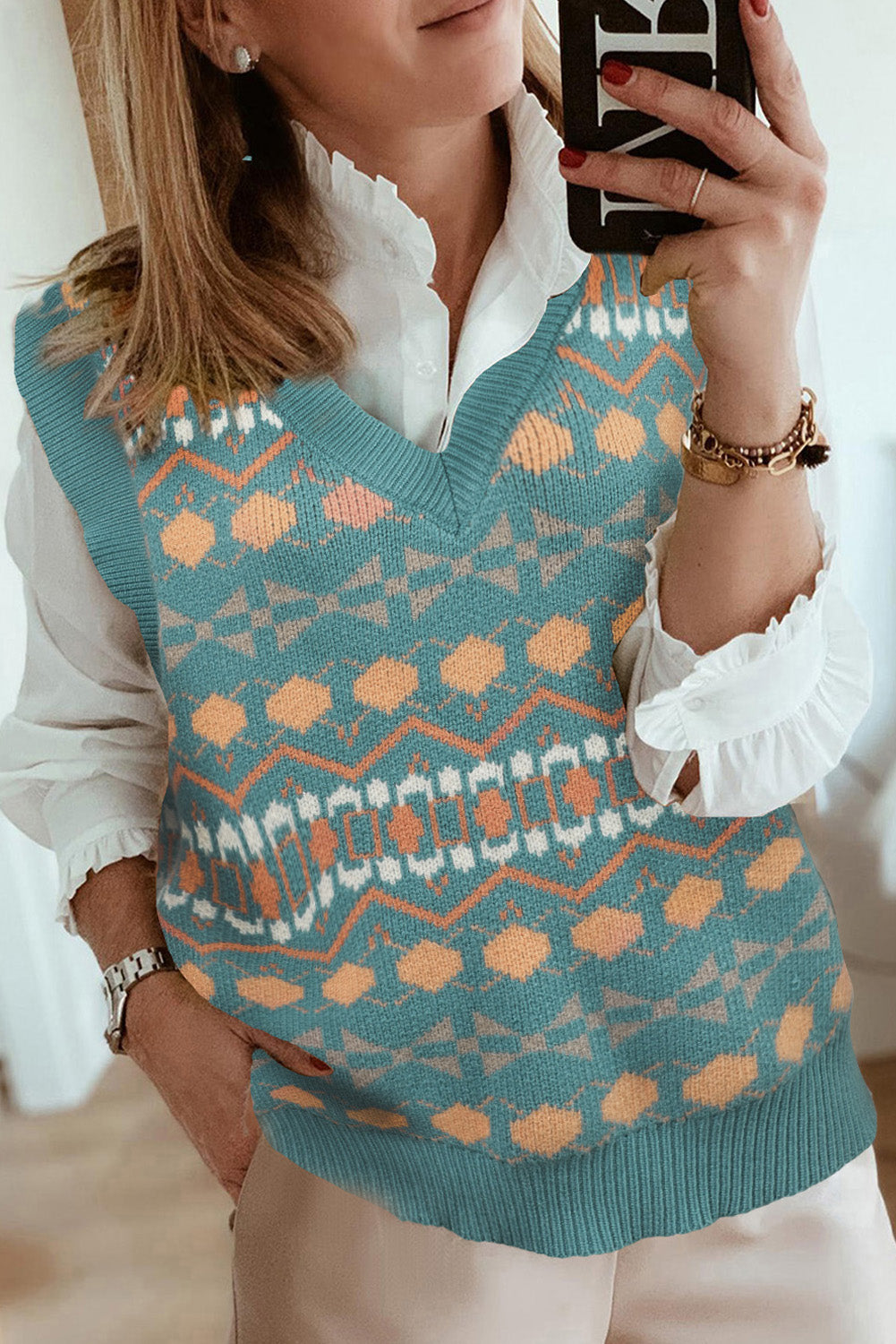 Sky Blue Tribal Print V Neck Knitted Sweater Vest