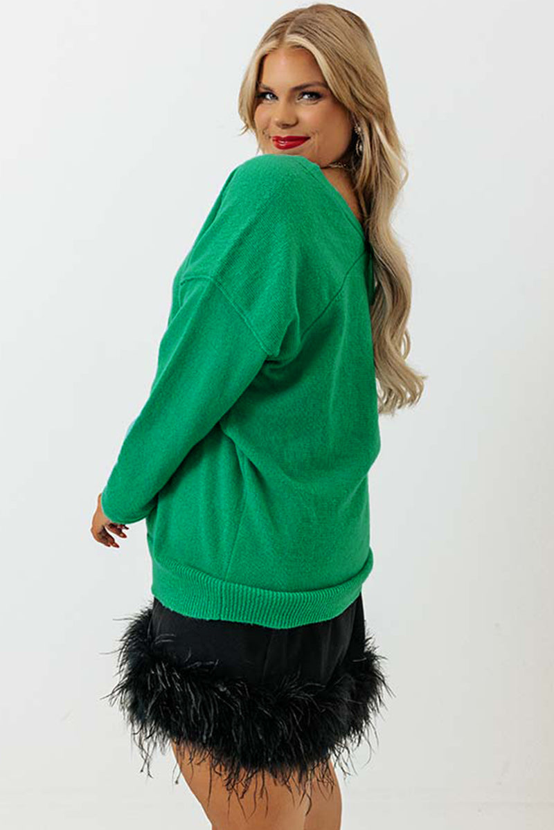 Green Plus Size Drop Shoulder V Neck Sweater