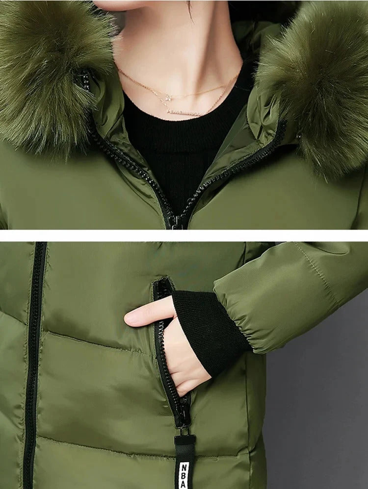 2024 Winter Women Parka Coats Long Cotton Casual Fur Hooded Jackets Thick Warm Slim-fit Jacket Female Overcoat Clothing