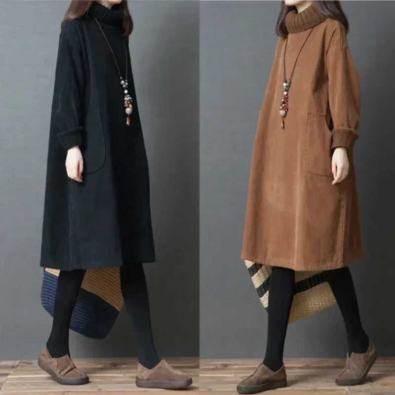 Women Autumn Winter Dress New Retro Corduroy Vestidos Add  Velvet High Neck Dress Mid-Length Loose Pullover Sweater Female 2022