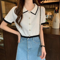 Sweet Women Shirt Korean Knitted Turn Down Collar Chic Short Sleeve Female Blouse Summer Retro Slim All Match Ladies Crop Tops