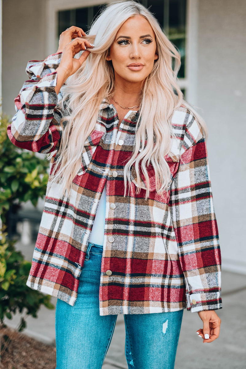 Blue Geometric Plaid Print Pocketed Shacket