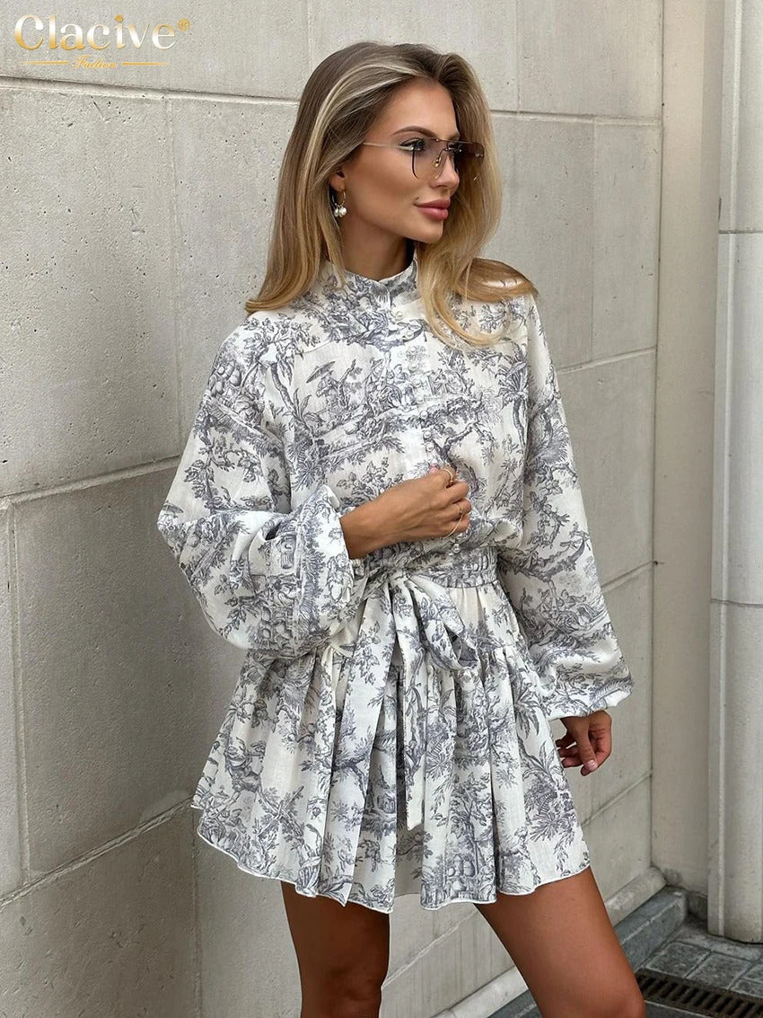 Clacive Casaul Loose Print Women'S Dress 2023 Fashion Stand Collar Puff Sleeve Mini Dresses Elegant Lace-Up Pleated Female Dress