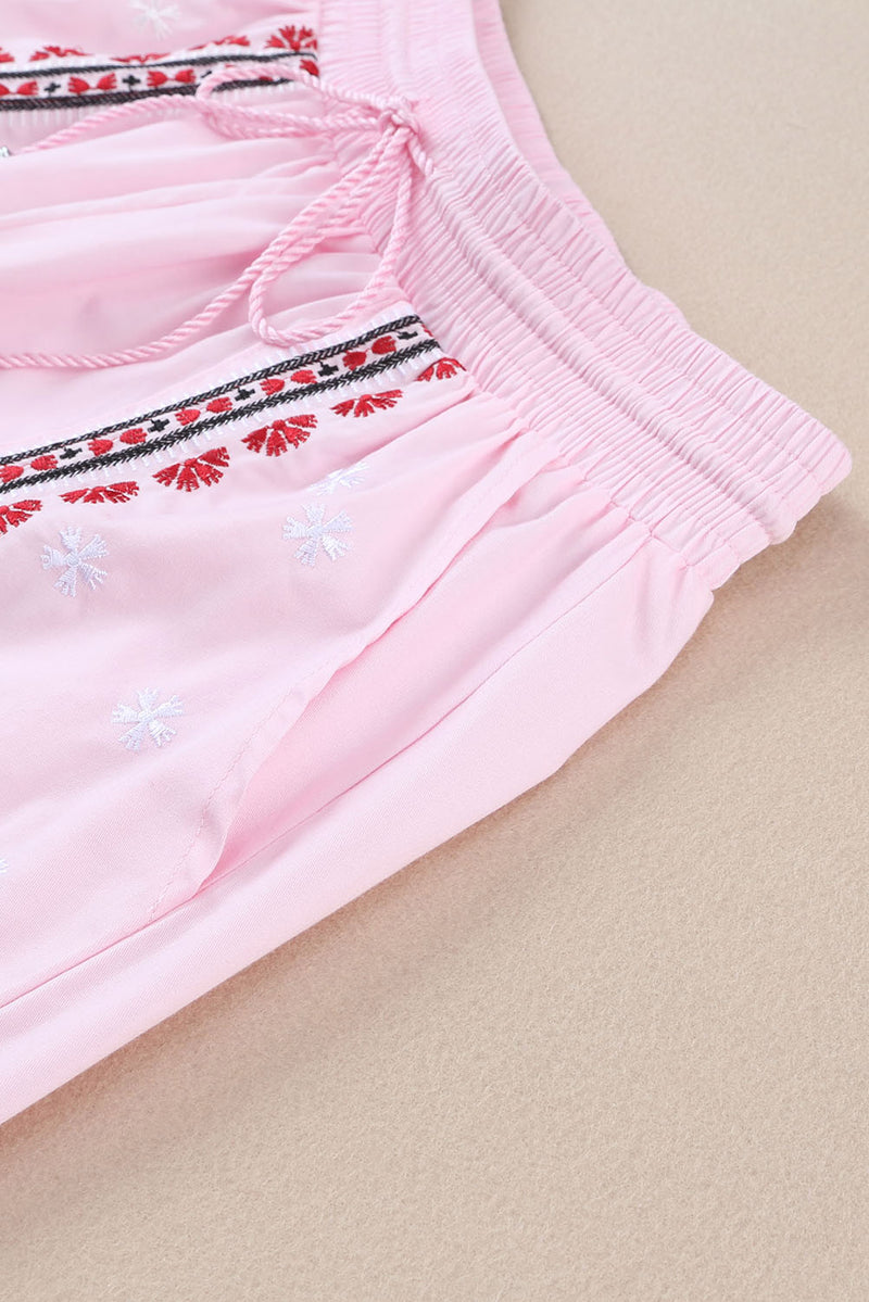 Pink Boho Embroidered Floral Tasseled Drawstring Waist Casual Shorts