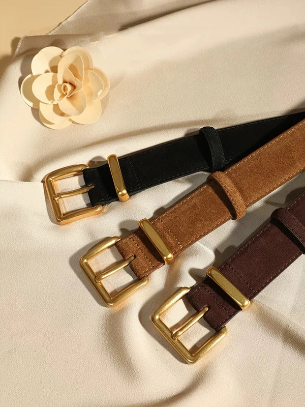 Luxury Suede Cowhide Leather Belt for Women, Vintage Style with Gold Buckle, 3.3cm Wide Waistband for Dresses & Jeans