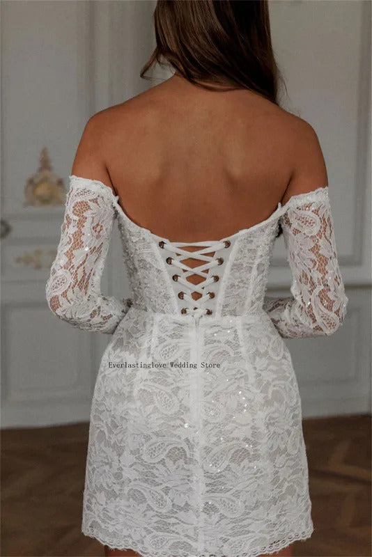 Sexy Off The Shoulder Long Sleeves Full Lace Applique Short/Mini Wedding Dresses Custom Made Formal Bridal Grown 2024 Vestido De