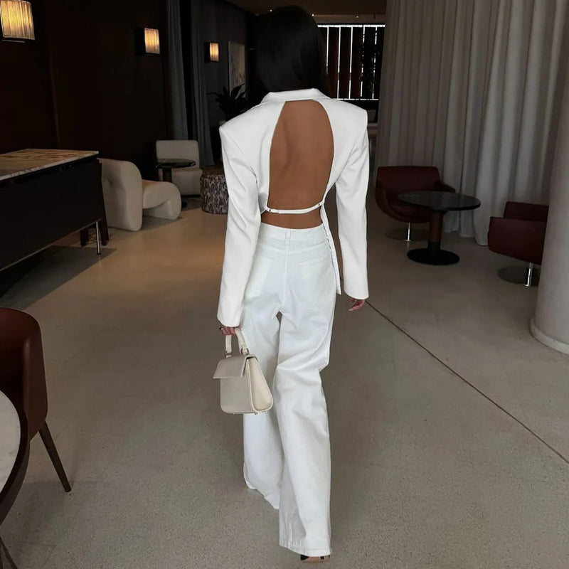 Elegant Women's Backless Black Suit 2024 Fall Chic Long Sleeve Covered Buttons Hollow Out Blazers White Tops Coat Outerwear