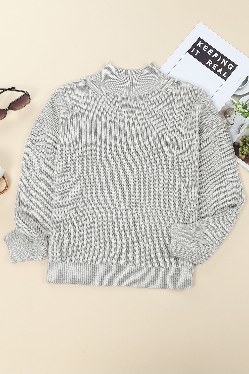 Gray High Neck Drop Shoulder Plain Sweater