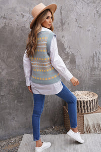 Sky Blue Tribal Print V Neck Knitted Sweater Vest