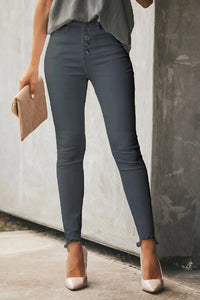 Gray Plain High Waist Buttons Frayed Cropped Denim Jeans