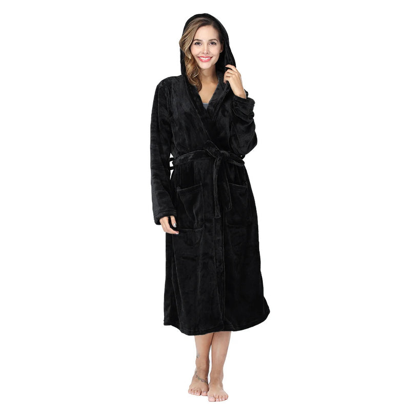 RONGTAI Womens Solid color Hooded Bathrobe Ladies Fleece Plush Warm Long Robes Fleece Nightgown Sleepwear