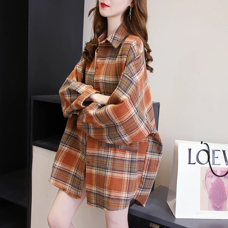 Plaid Shirt Women Autumn Long Sleeve Top Female Vintage Fashion Single Breasted Blouse Ladies Preppy Style Loose Check Shirts