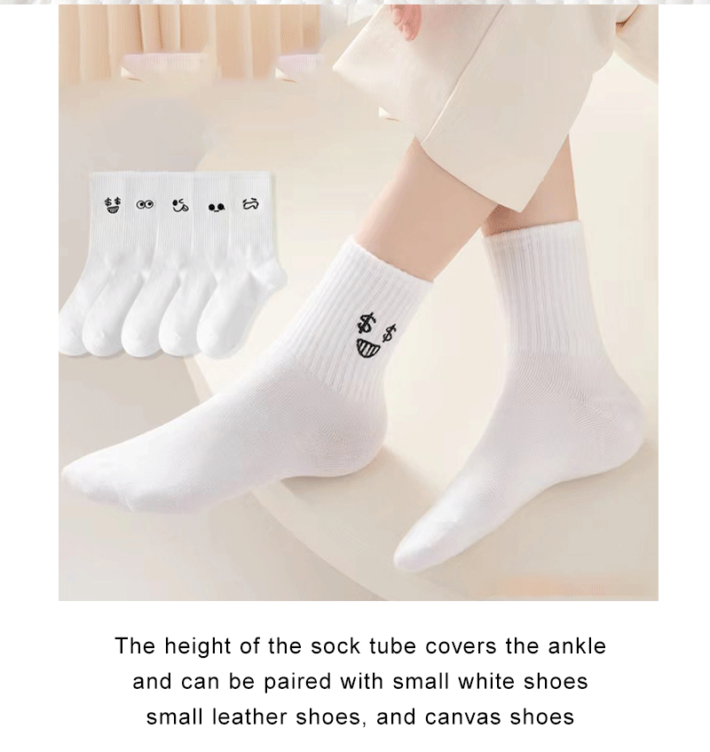 5/10 Pairs Women Cartoon Socks Round Mid Tube Fashionable Cute Expression Pattern Socks Casual Breathable Autumn Girls Socks