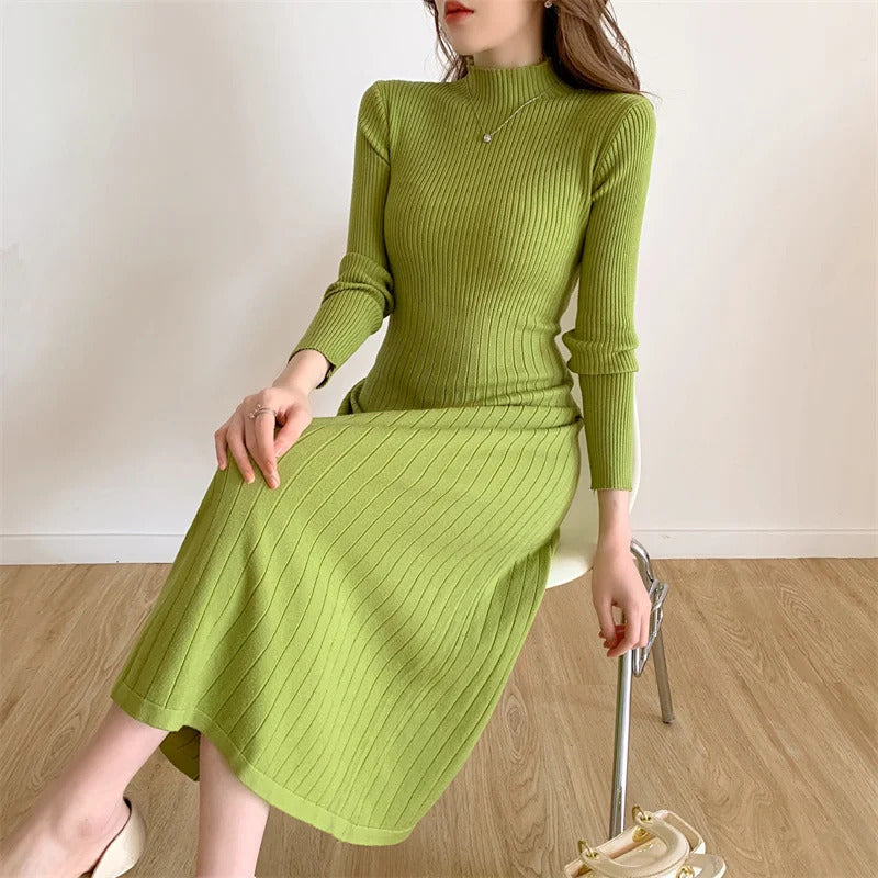 Autumn Winter 2023 Slim Long Sleeve Party Midi Dress for Women Knitted Half High Collar Elegant Knitted Sweater Dresses Ladies