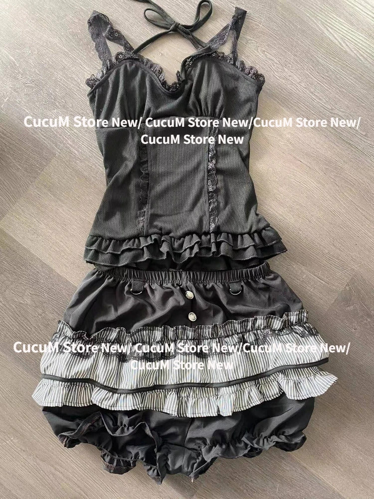 Sweet Lolita Lace Up Ruffles Cardigan+ Sexy Slim Fit Strapless Vest Tops+ High Waist Ruched Skirts Early Autumn Three Piece Sets