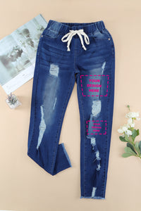 Blank Apparel - Blue Drawstring Elastic Waist Hole Ripped Jeans