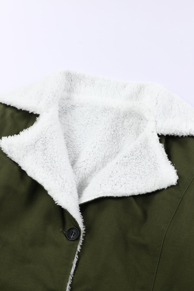 Green Gray Lapel Collar Button Fleece Jacket