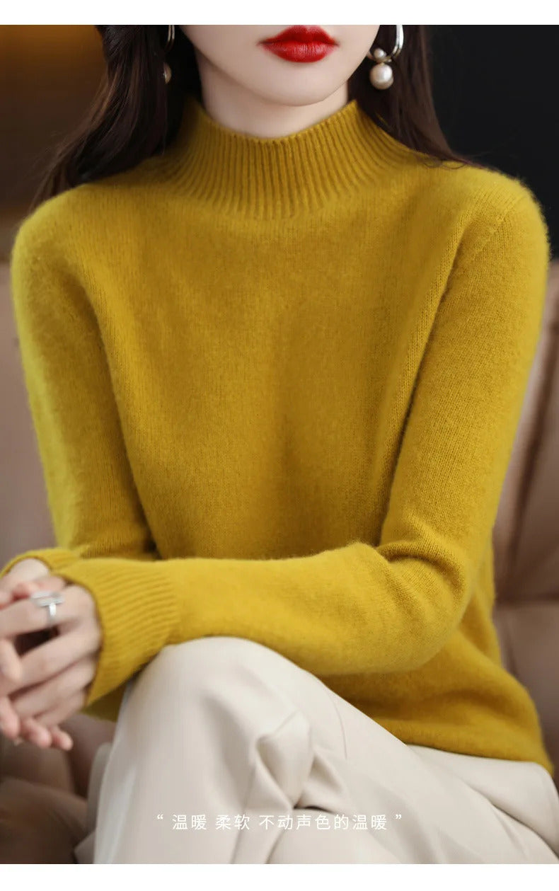 Autumn Winter Women Sweater Korean Fashion Warm Bottoming Shirts Half High Collar Basic Knitwear Solid Long Sleeve Pullovers