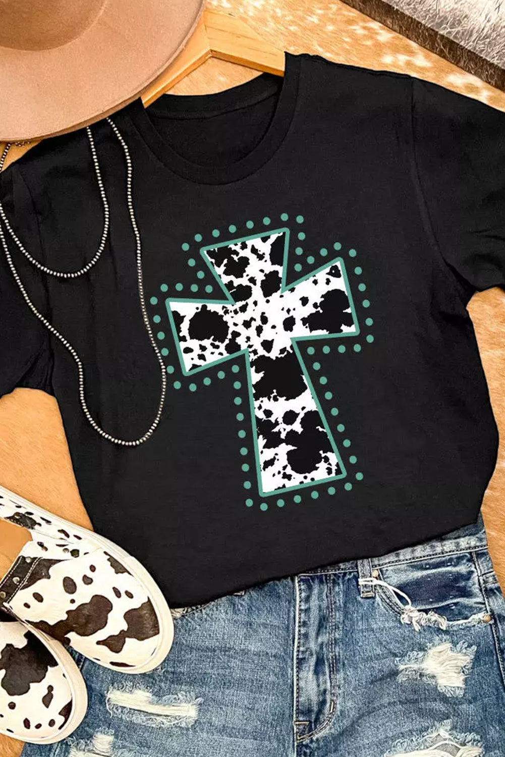 Black Animal Print Cross Graphic Tee