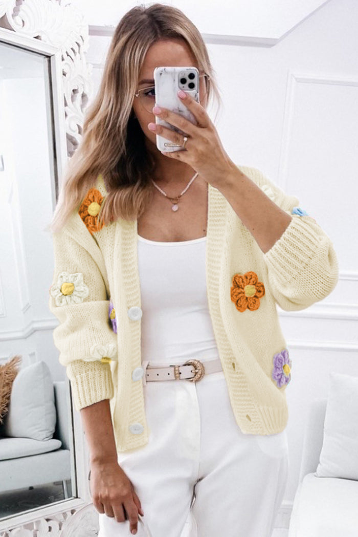 Beige Cute Flower Embellished Buttoned Cardigan Sweater